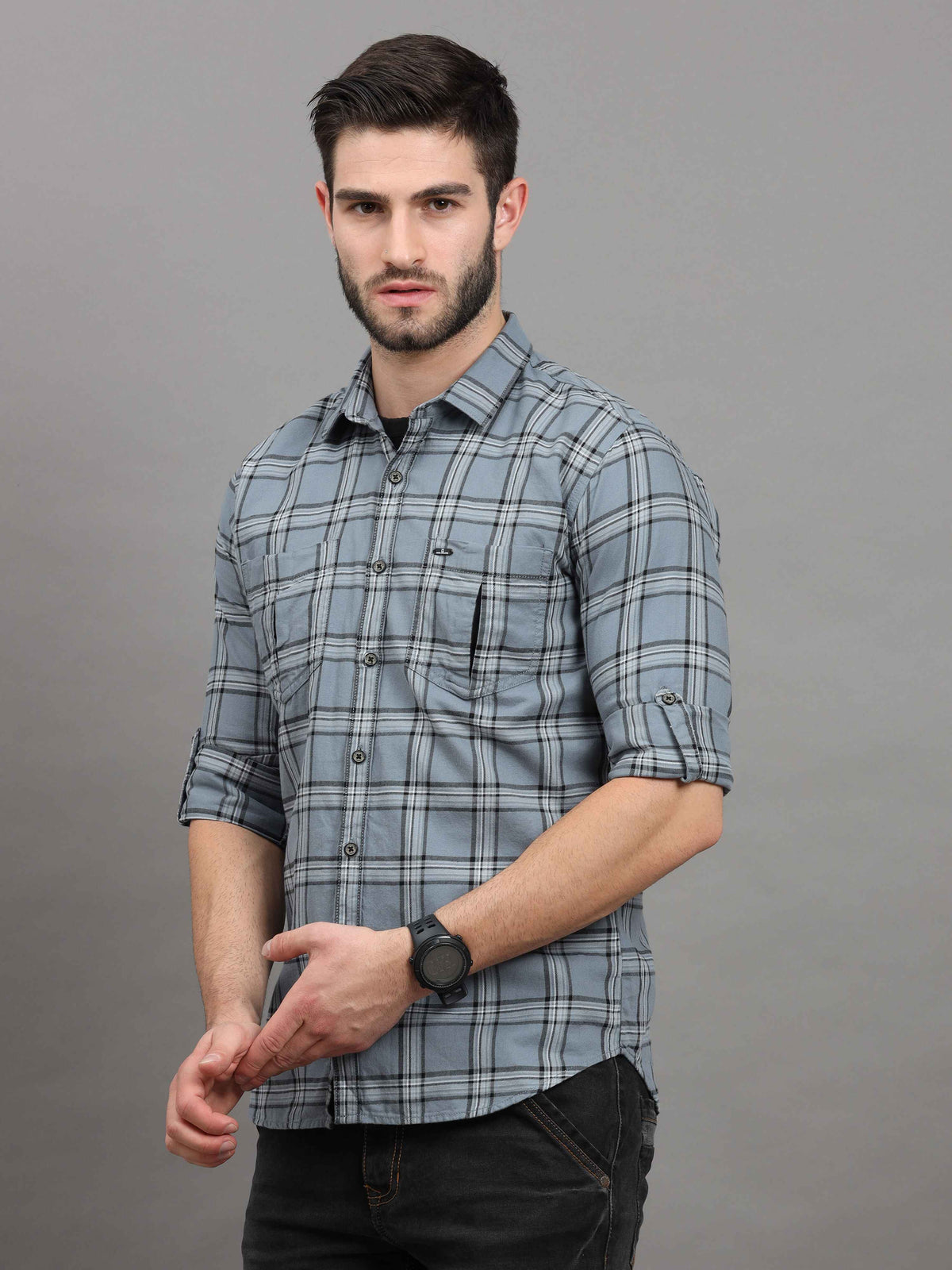 Men's Grey Slim Fit Checks Full Sleeves Casual Shirts With Inside Attached T-shirt