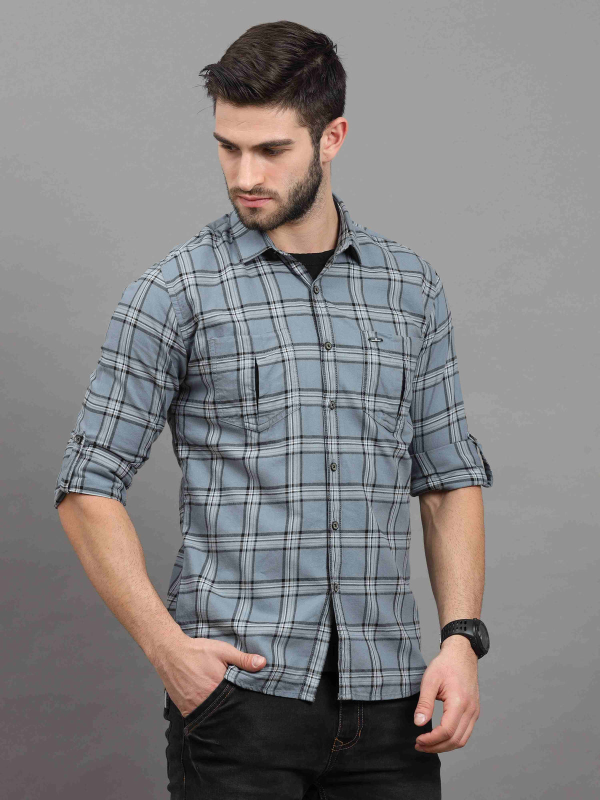 Men's Grey Slim Fit Checks Full Sleeves Casual Shirts With Inside Attached T-shirt