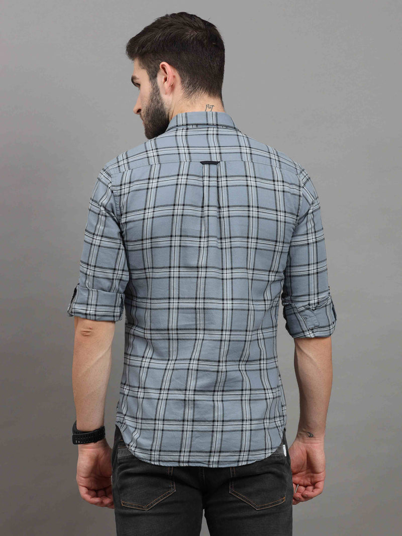 Shop Men's Grey Slim Fit Checks Full Sleeves Casual Shirts With Inside Attached T-shirt Online.