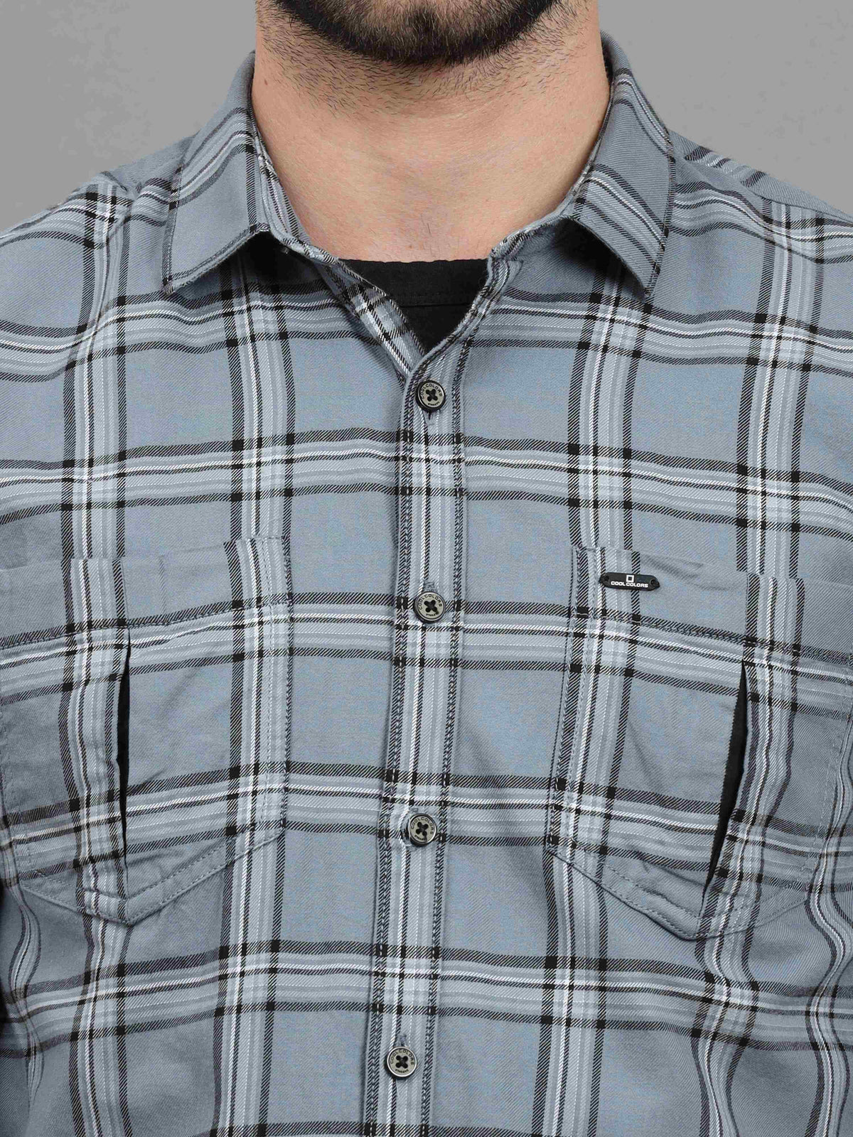 Shop Men's Grey Slim Fit Checks Full Sleeves Casual Shirts With Inside Attached T-shirt Online.