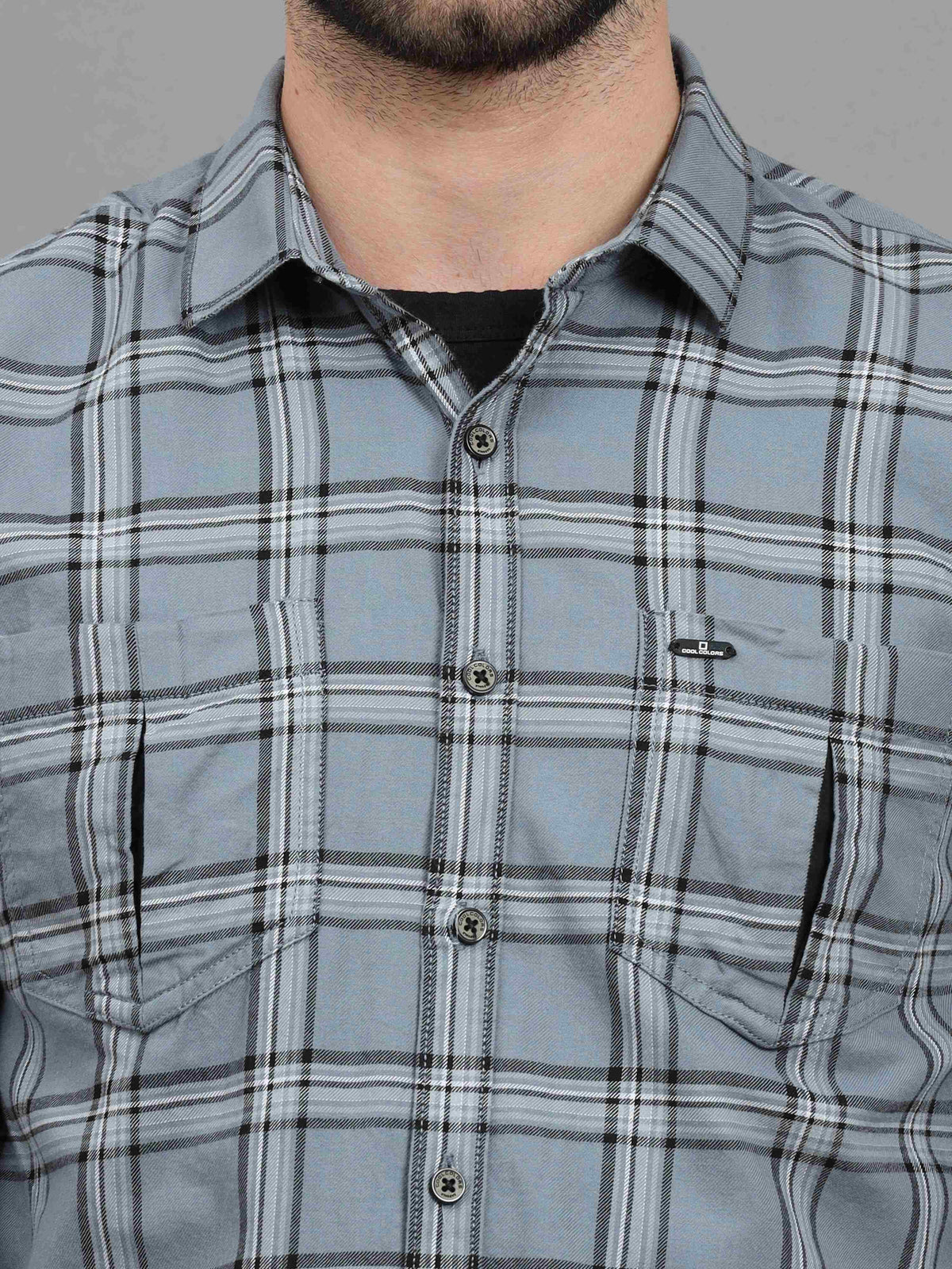 Men's Grey Slim Fit Checks Full Sleeves Casual Shirts With Inside Attached T-shirt