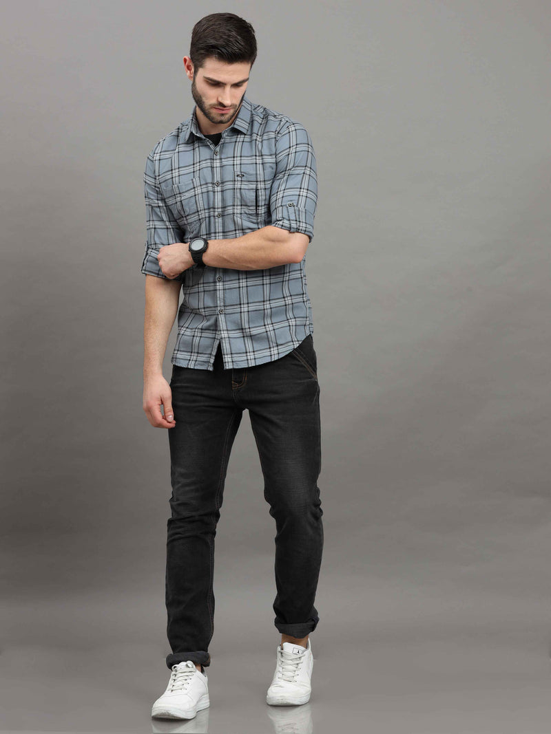 Shop Men's Grey Slim Fit Checks Full Sleeves Casual Shirts With Inside Attached T-shirt Online.