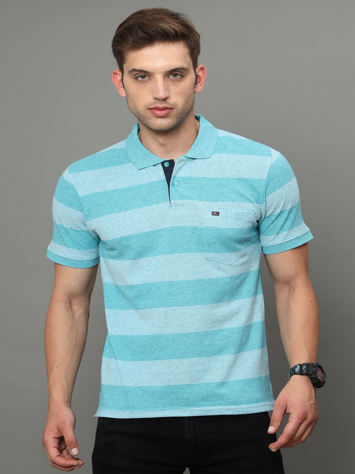 Shop Men's Blue Stripe Regular Fit Half Sleeves Polo Neck T-Shirt Online.