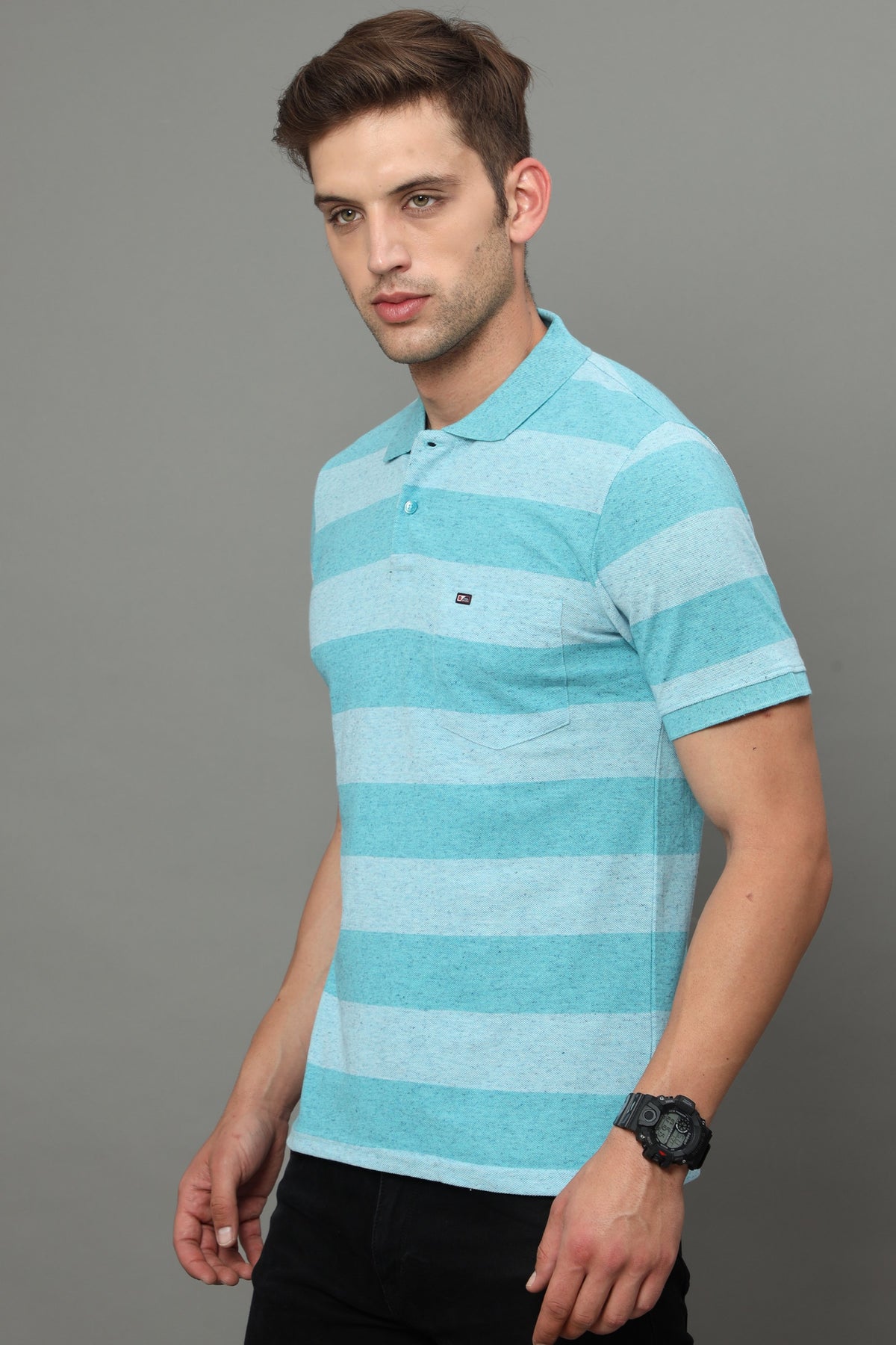 Shop Men's Blue Stripe Regular Fit Half Sleeves Polo Neck T-Shirt Online.