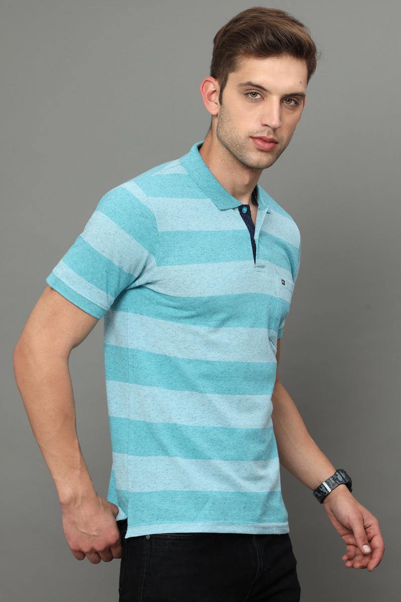 Shop Men's Blue Stripe Regular Fit Half Sleeves Polo Neck T-Shirt Online.