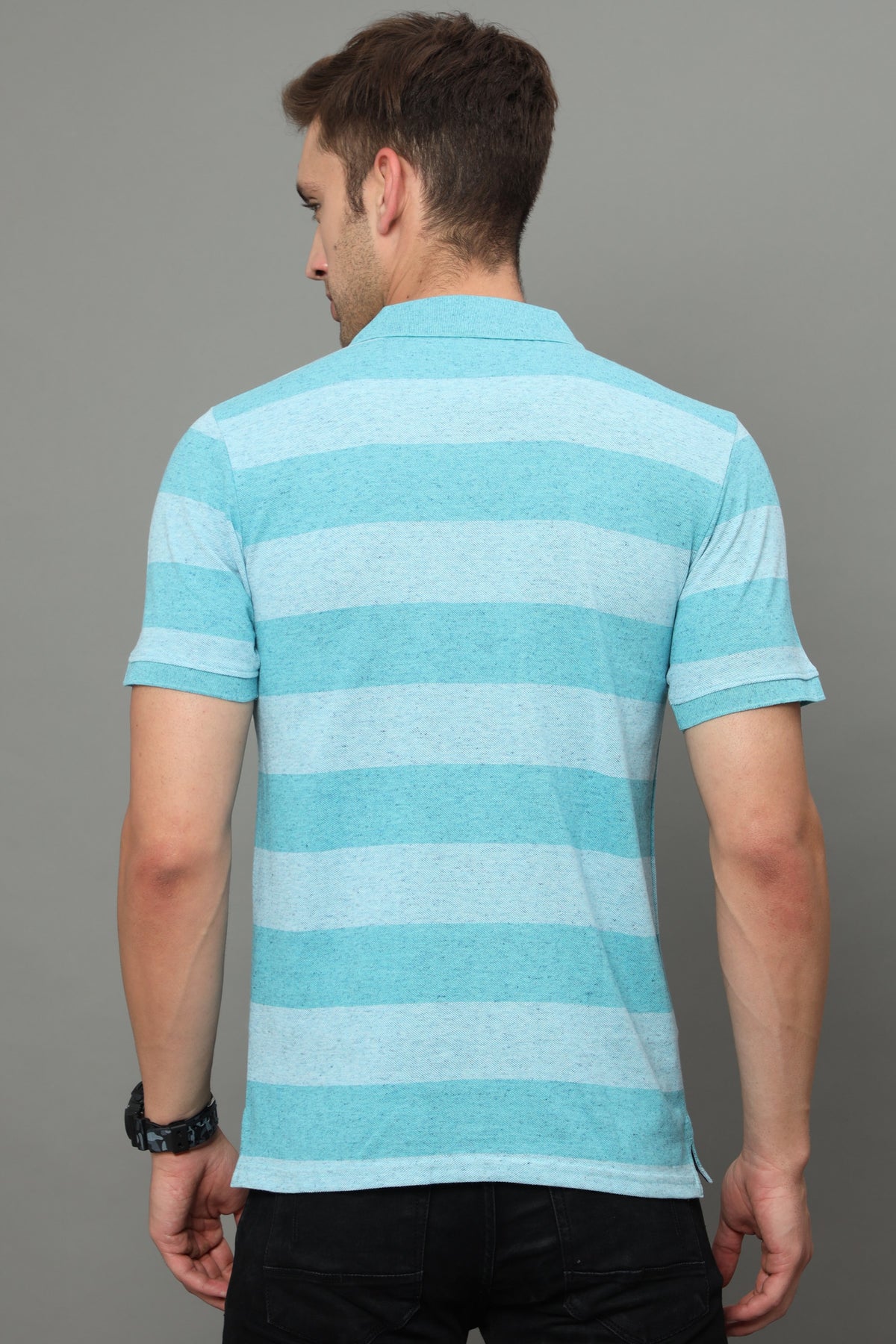 Shop Men's Blue Stripe Regular Fit Half Sleeves Polo Neck T-Shirt Online.