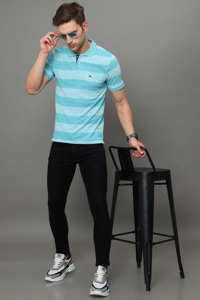 Shop Men's Blue Stripe Regular Fit Half Sleeves Polo Neck T-Shirt Online.