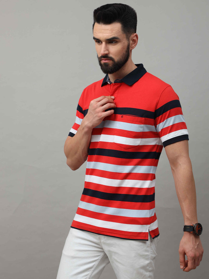 Shop Men's Red And White Regular Fit Stripes Half Sleeves Polo T-Shirt Online.