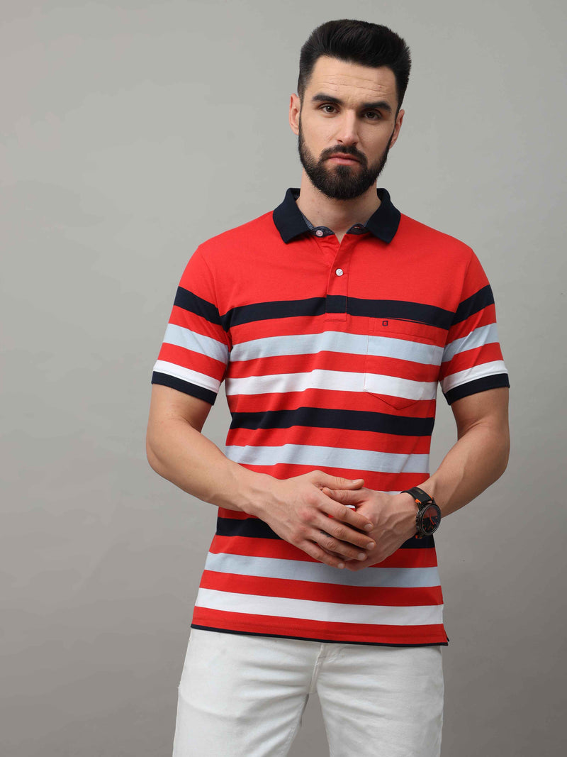 Shop Men's Red And White Regular Fit Stripes Half Sleeves Polo T-Shirt Online.