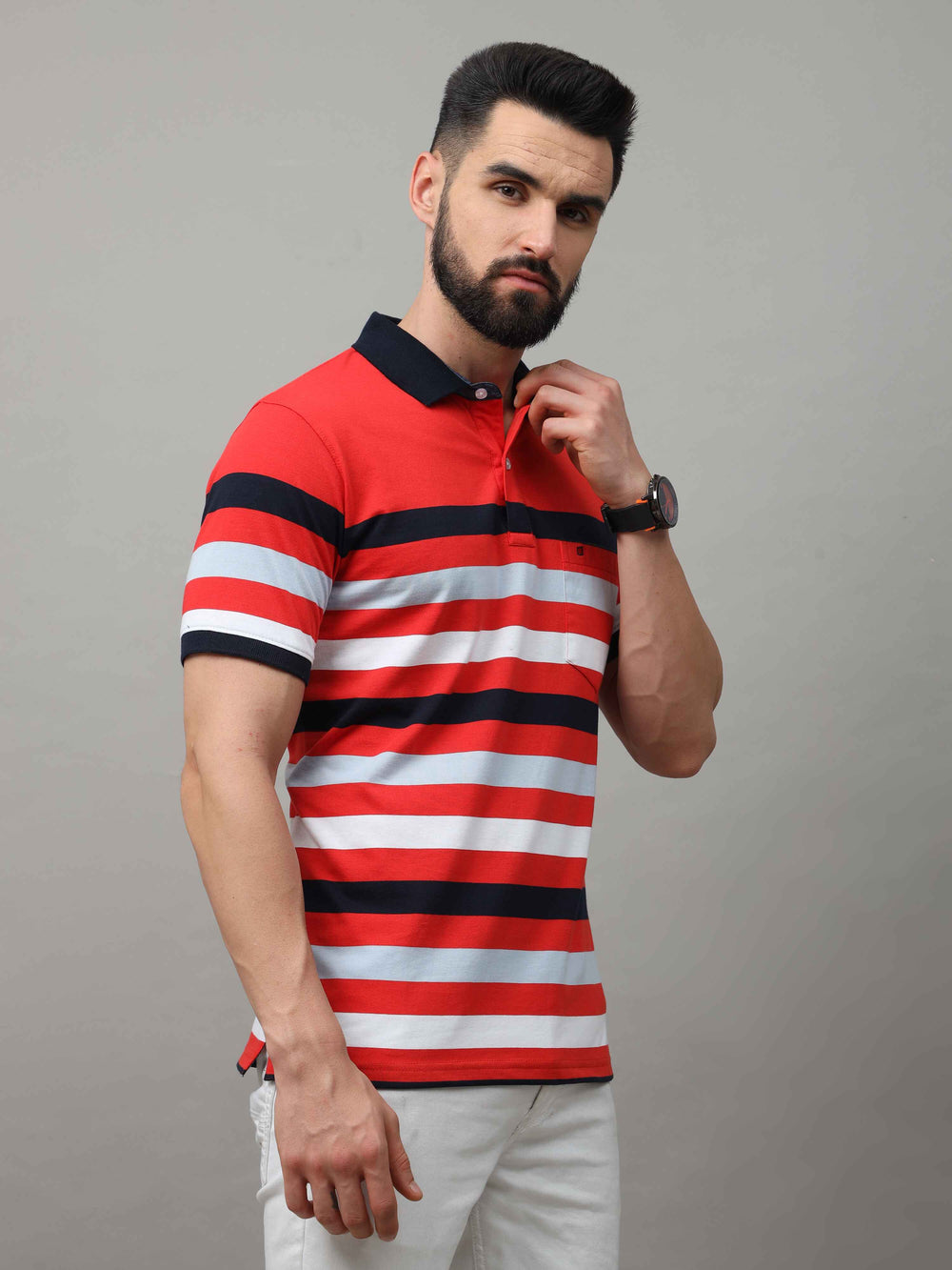 Men's Red White Regular Fit Stripes Half Sleeves Polo Neck T-Shirt