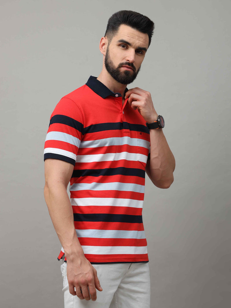 Shop Men's Red And White Regular Fit Stripes Half Sleeves Polo T-Shirt Online.