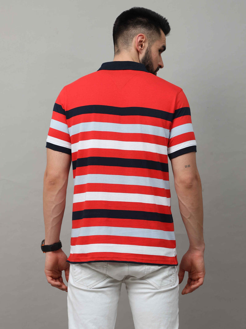 Shop Men's Red And White Regular Fit Stripes Half Sleeves Polo T-Shirt Online.