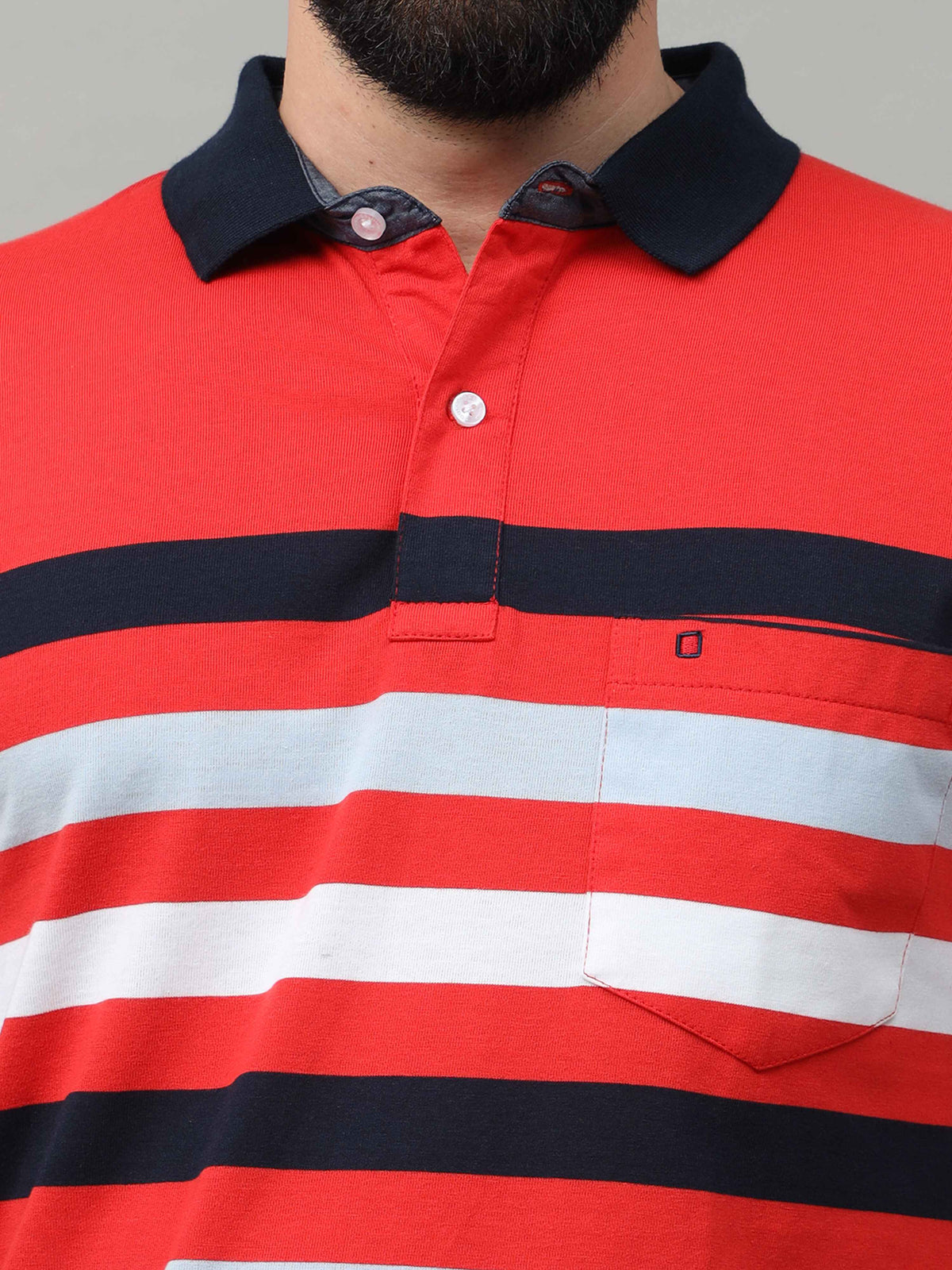 Men's Red White Regular Fit Stripes Half Sleeves Polo Neck T-Shirt