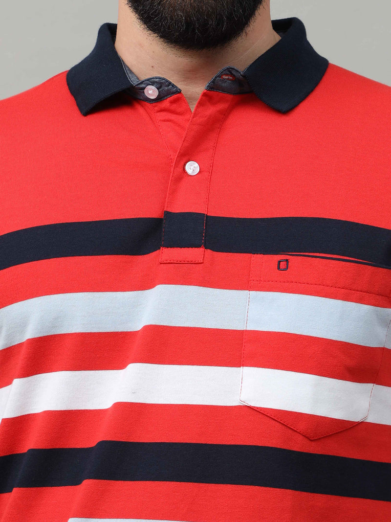 Shop Men's Red And White Regular Fit Stripes Half Sleeves Polo T-Shirt Online.