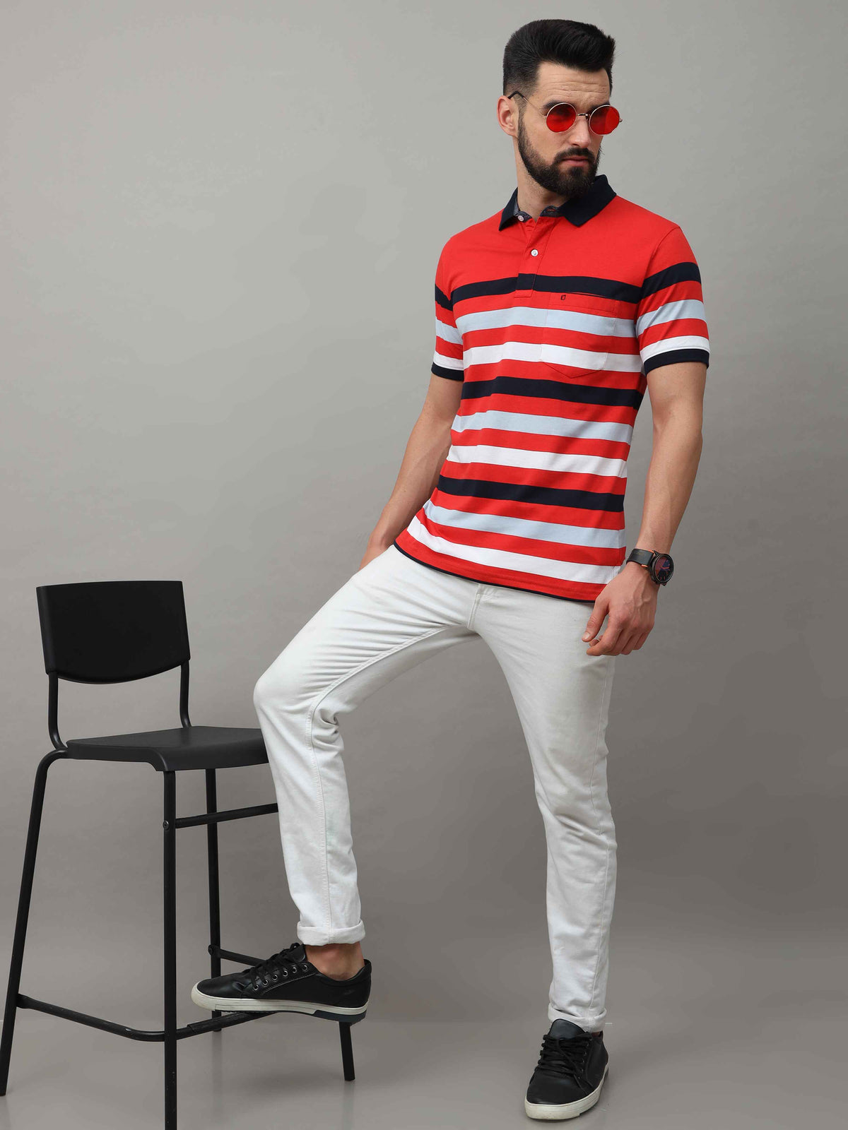 Shop Men's Red And White Regular Fit Stripes Half Sleeves Polo T-Shirt Online.