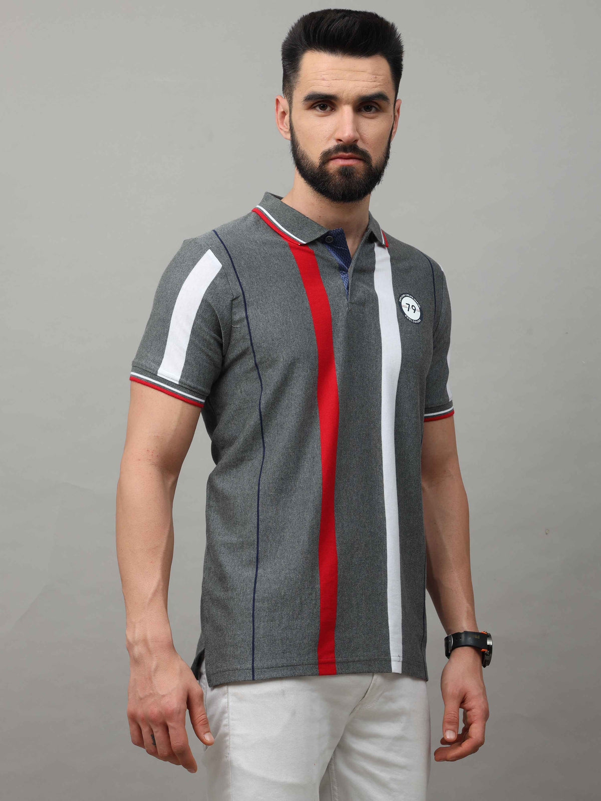 Men's Grey Regular Fit Stripes Half Sleeves Polo Neck T-Shirt