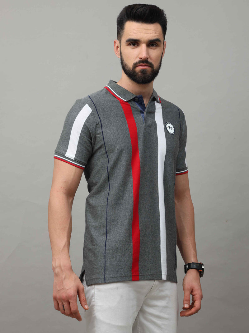 Shop Men's Grey Regular Fit Stripes Half Sleeves Polo T-Shirt Online.