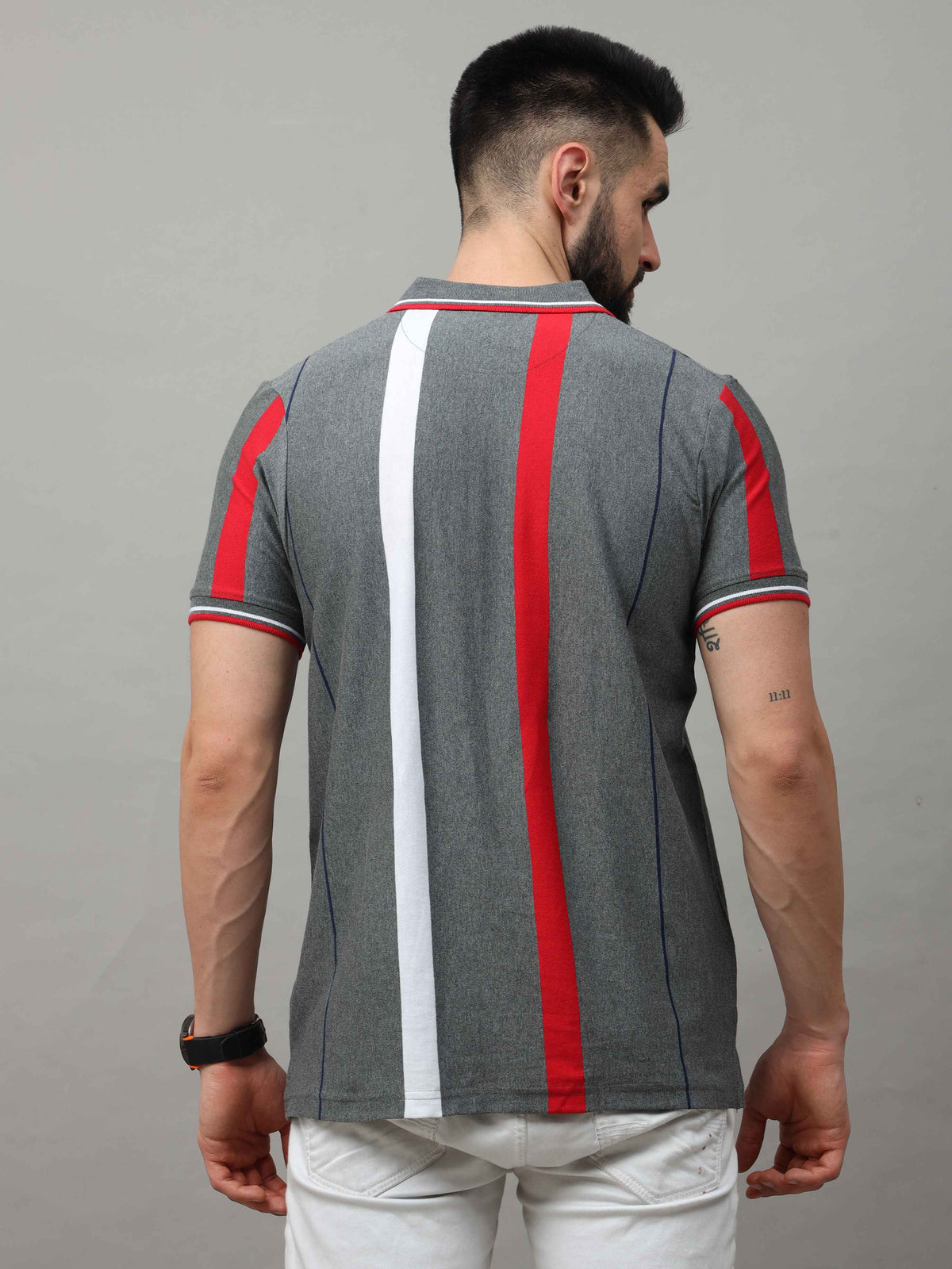 Shop Men's Grey Regular Fit Stripes Half Sleeves Polo T-Shirt Online.