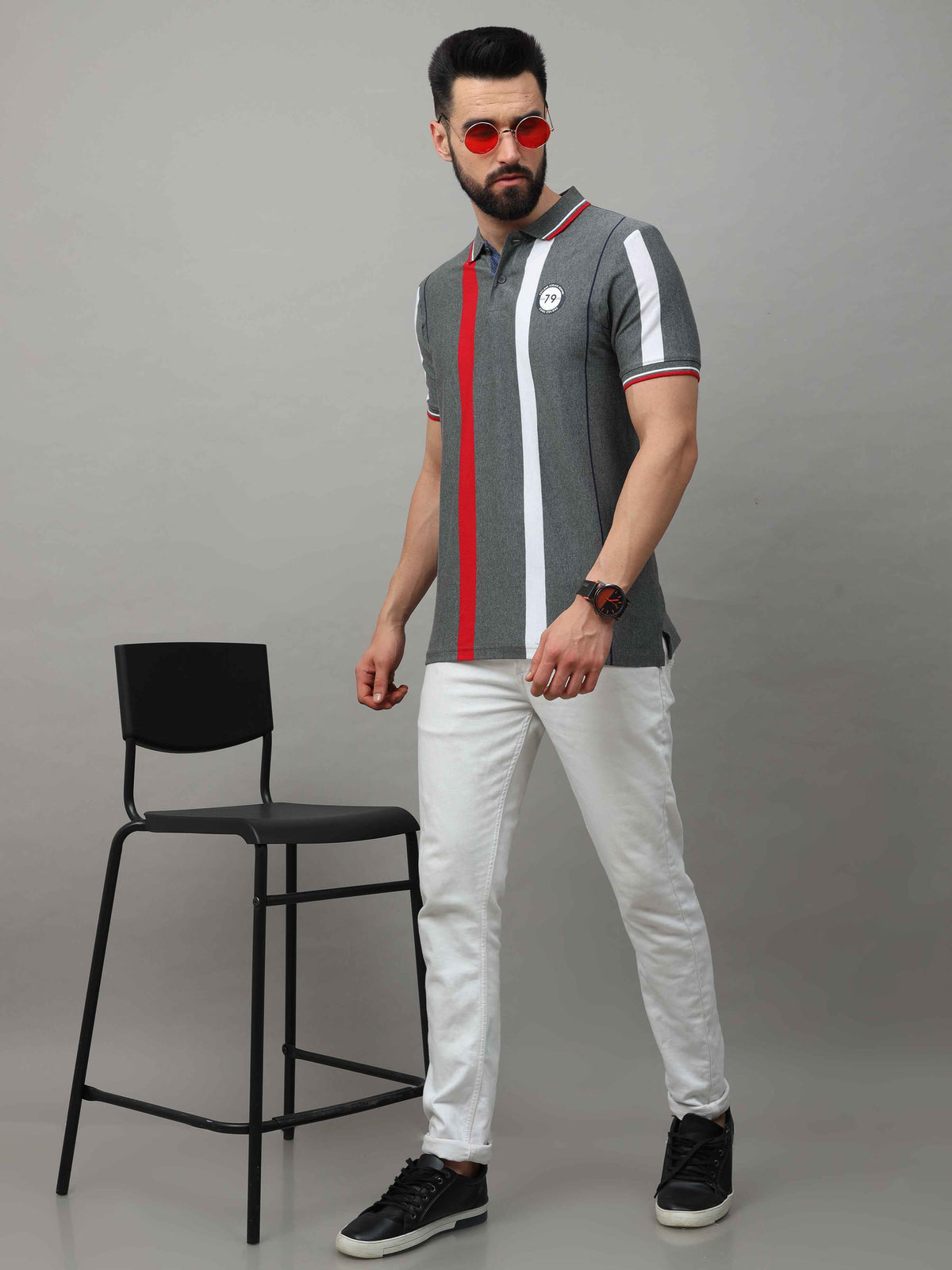 Men's Grey Regular Fit Stripes Half Sleeves Polo Neck T-Shirt