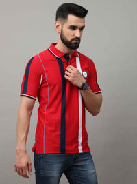 Men's Red Regular Fit Stripes Half Sleeves Polo Neck T-Shirt