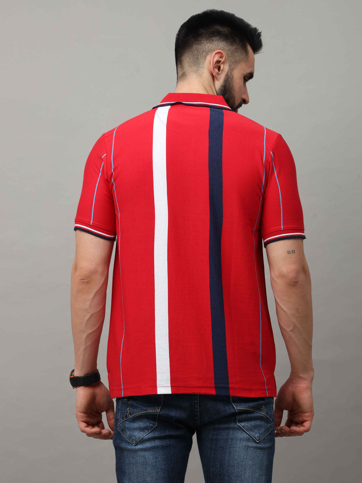 Shop Men's Red Regular Fit Stripes Half Sleeves Polo T-Shirt Online.