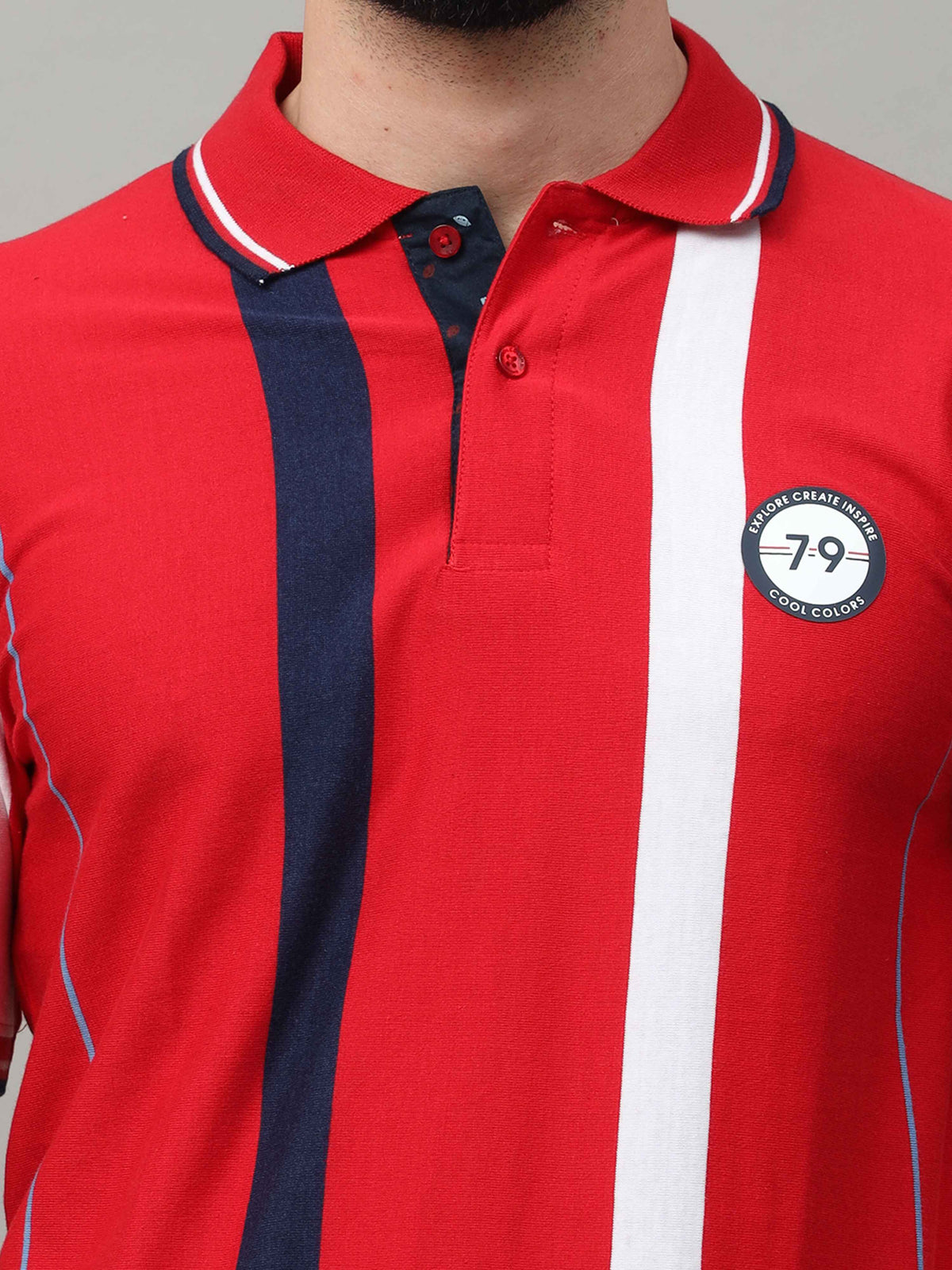 Men's Red Regular Fit Stripes Half Sleeves Polo Neck T-Shirt