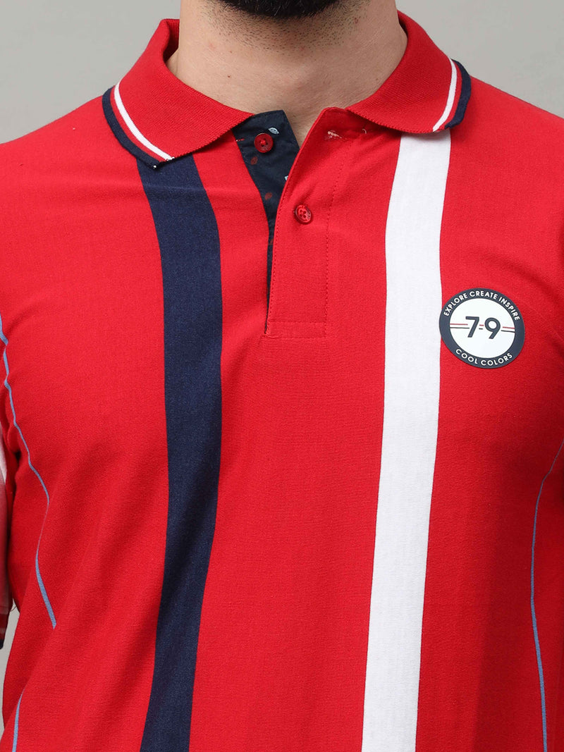 Shop Men's Red Regular Fit Stripes Half Sleeves Polo T-Shirt Online.