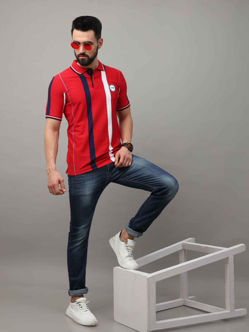 Shop Men's Red Regular Fit Stripes Half Sleeves Polo T-Shirt Online.