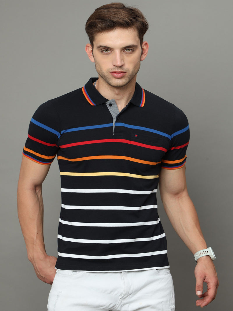 Shop Men's Black Stripe Regular Fit Half Sleeves Polo Neck T-Shirt Online.