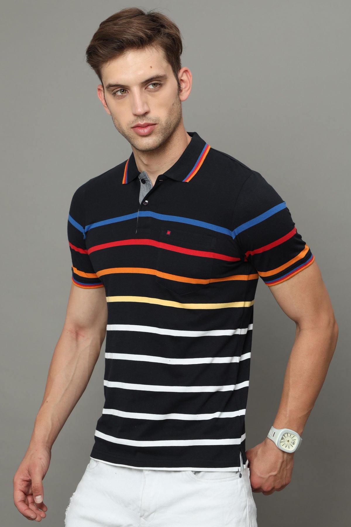 Shop Men's Black Stripe Regular Fit Half Sleeves Polo Neck T-Shirt Online.