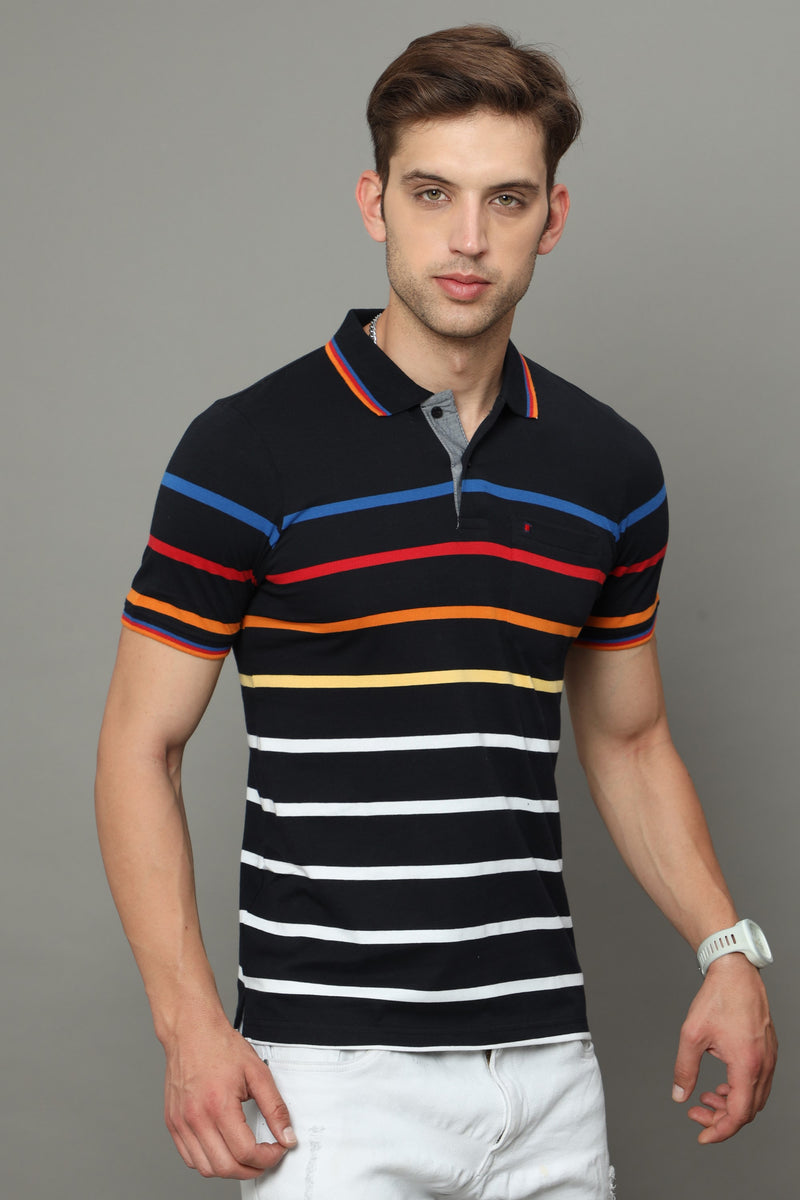 Shop Men's Black Stripe Regular Fit Half Sleeves Polo Neck T-Shirt Online.