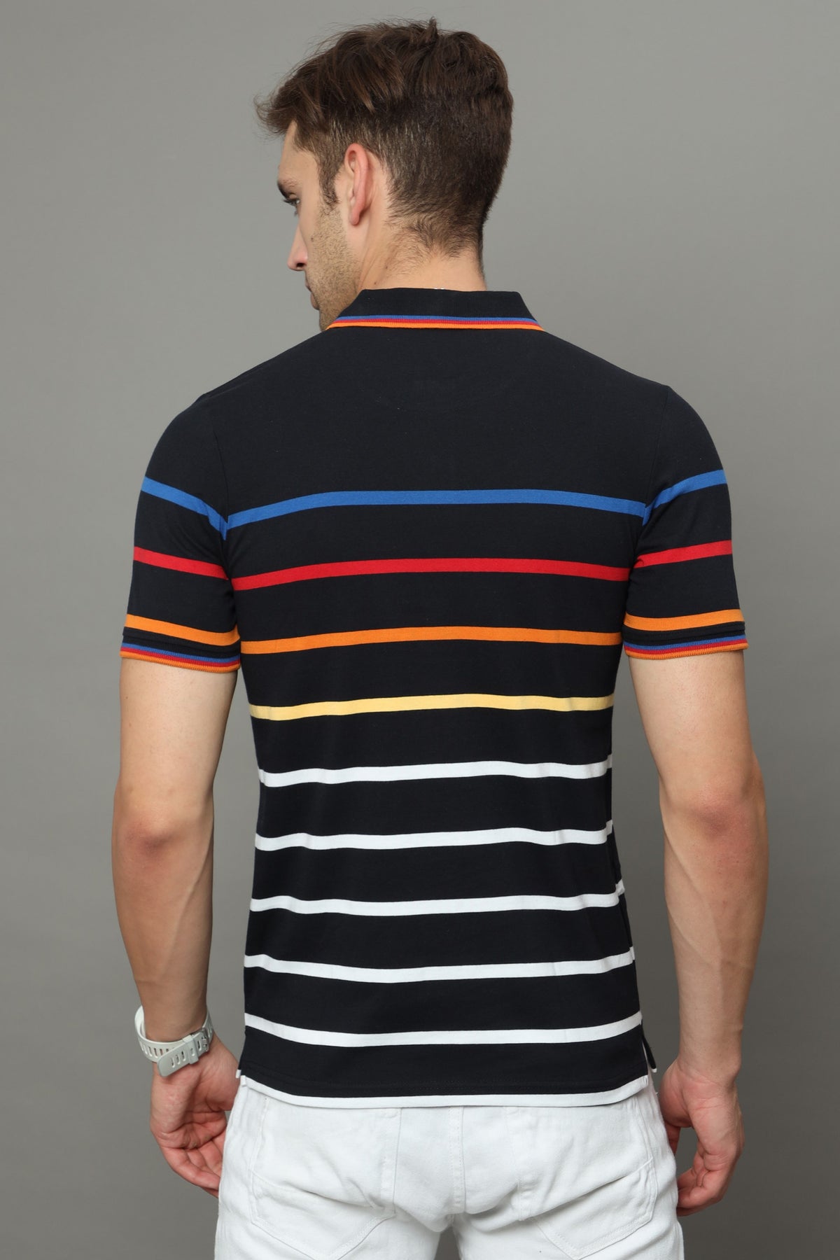 Shop Men's Black Stripe Regular Fit Half Sleeves Polo Neck T-Shirt Online.