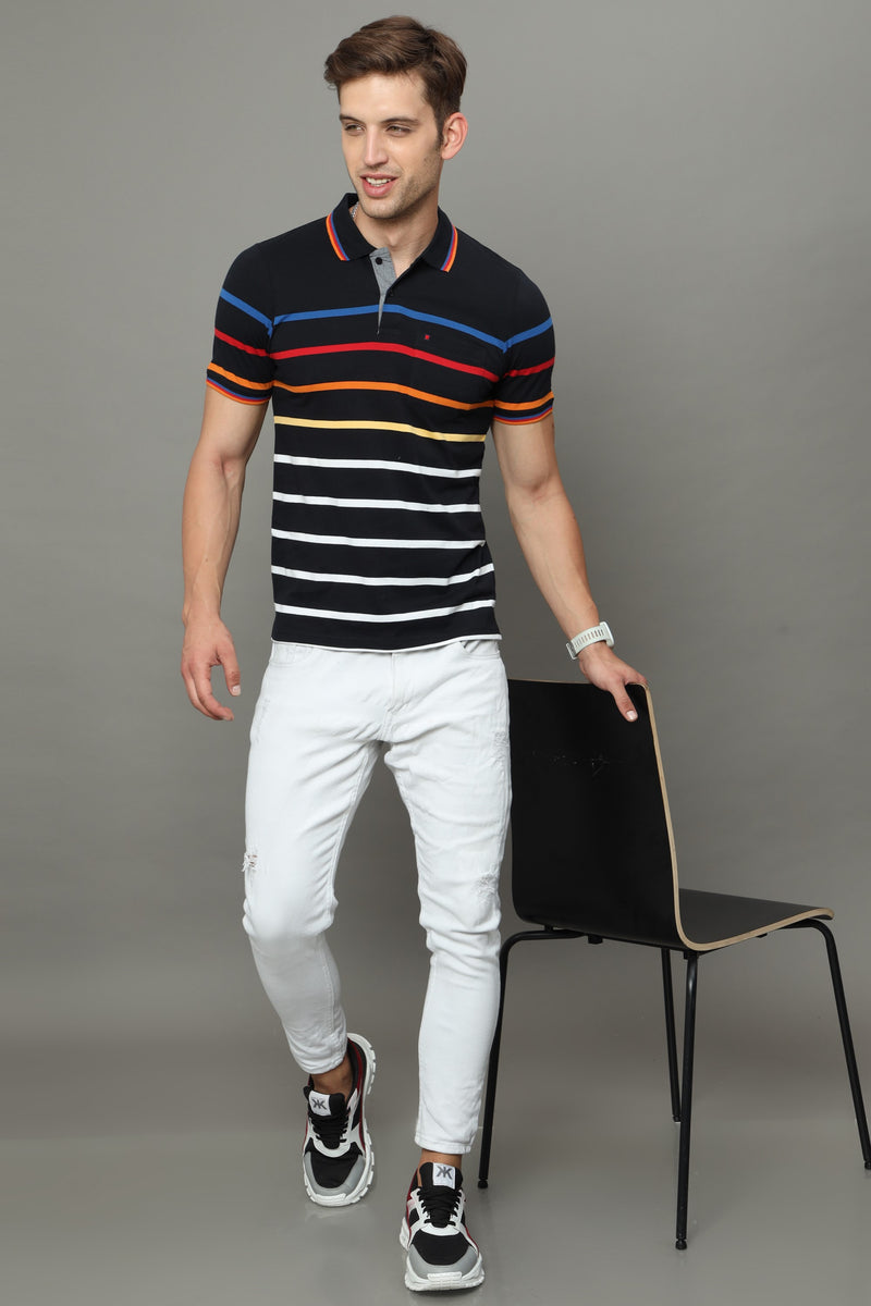 Shop Men's Black Stripe Regular Fit Half Sleeves Polo Neck T-Shirt Online.