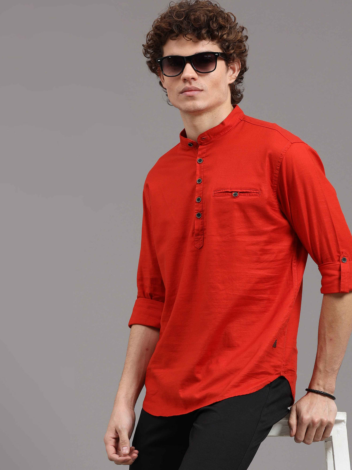 Men's Red Slim Fit Solid Full Sleeves Linen Casual Kurta Shirts