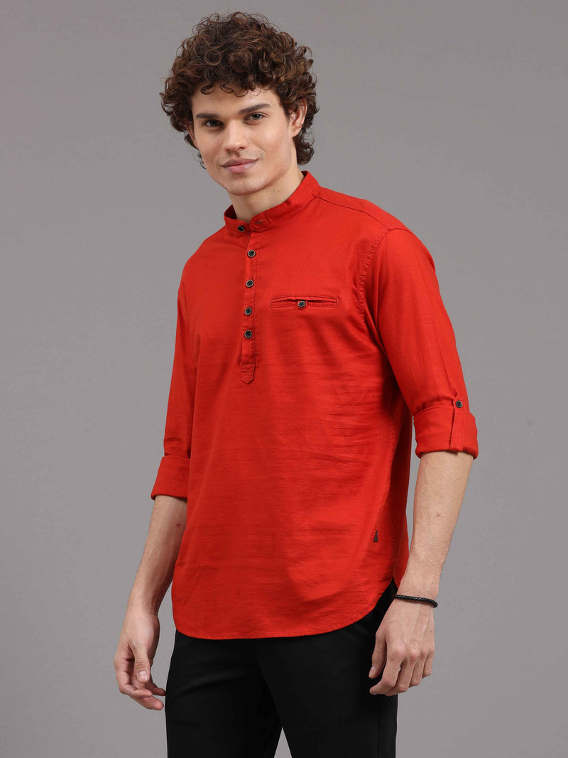 Shop Men's Red Slim Fit Solid Full Sleeves Linen Casual Kurta Shirts Online.