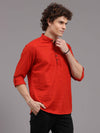 Men's Red Slim Fit Solid Full Sleeves Linen Casual Kurta Shirts