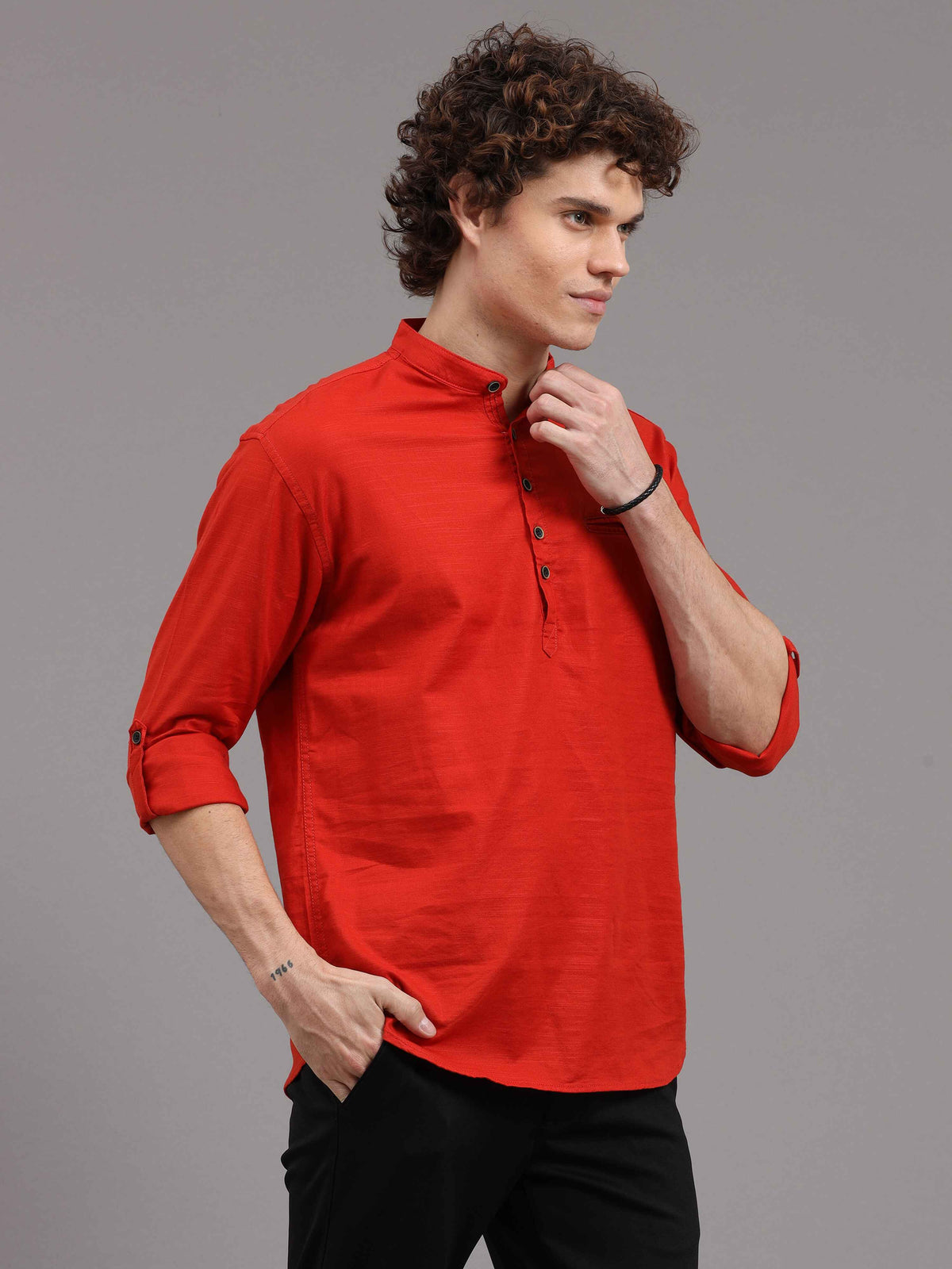 Men's Red Slim Fit Solid Full Sleeves Linen Casual Kurta Shirts