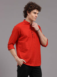 Men's Red Slim Fit Solid Full Sleeves Linen Casual Kurta Shirts