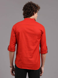 Men's Red Slim Fit Solid Full Sleeves Linen Casual Kurta Shirts