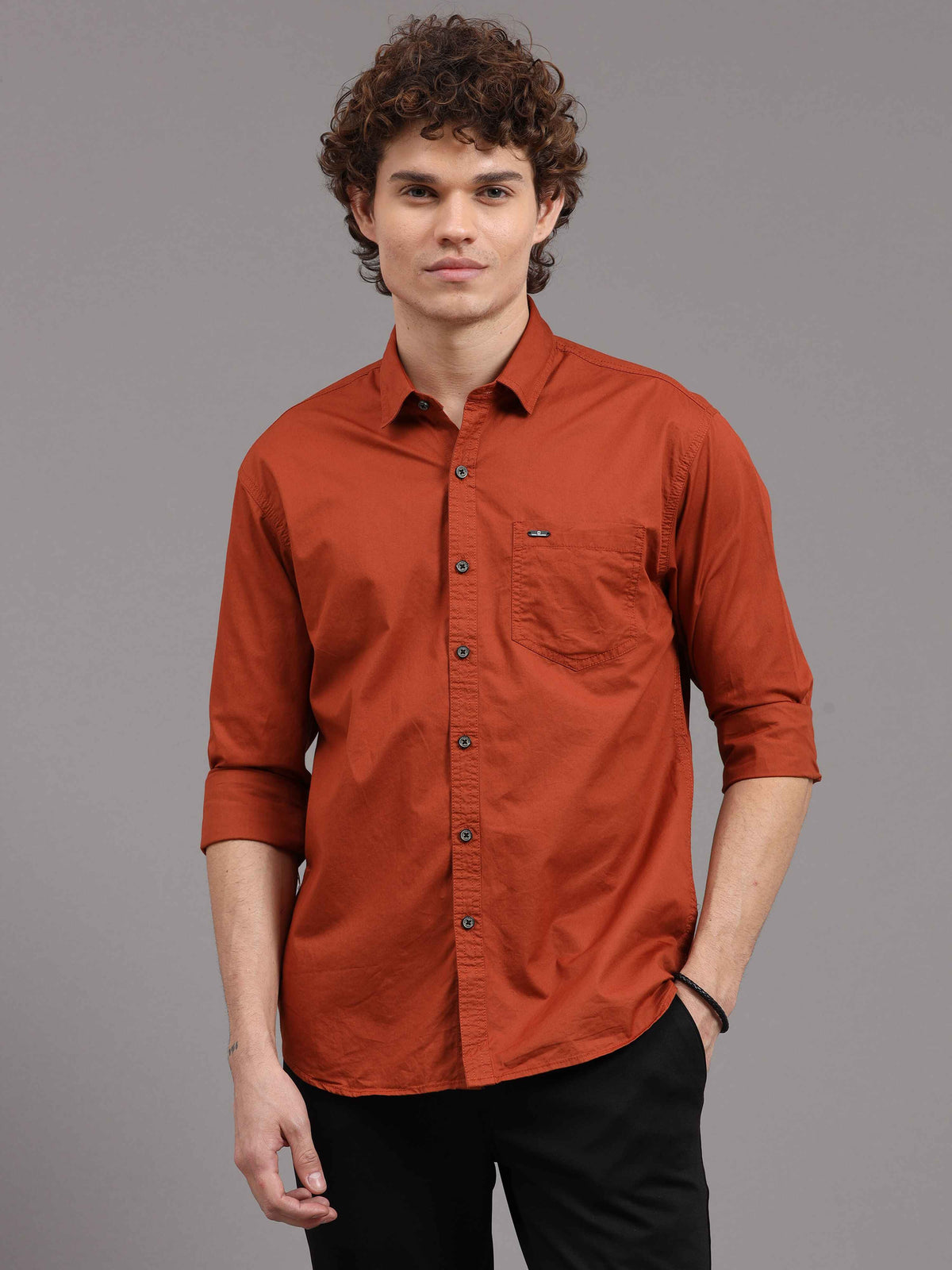 Men's Orange Slim Fit Solid Full Sleeves Casual Shirts