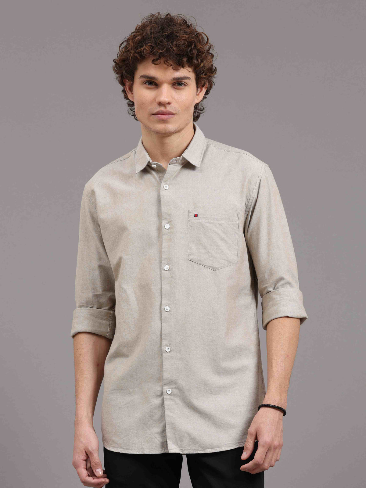 Men's Khaki Slim Fit Solid Full Sleeves Casual Shirts