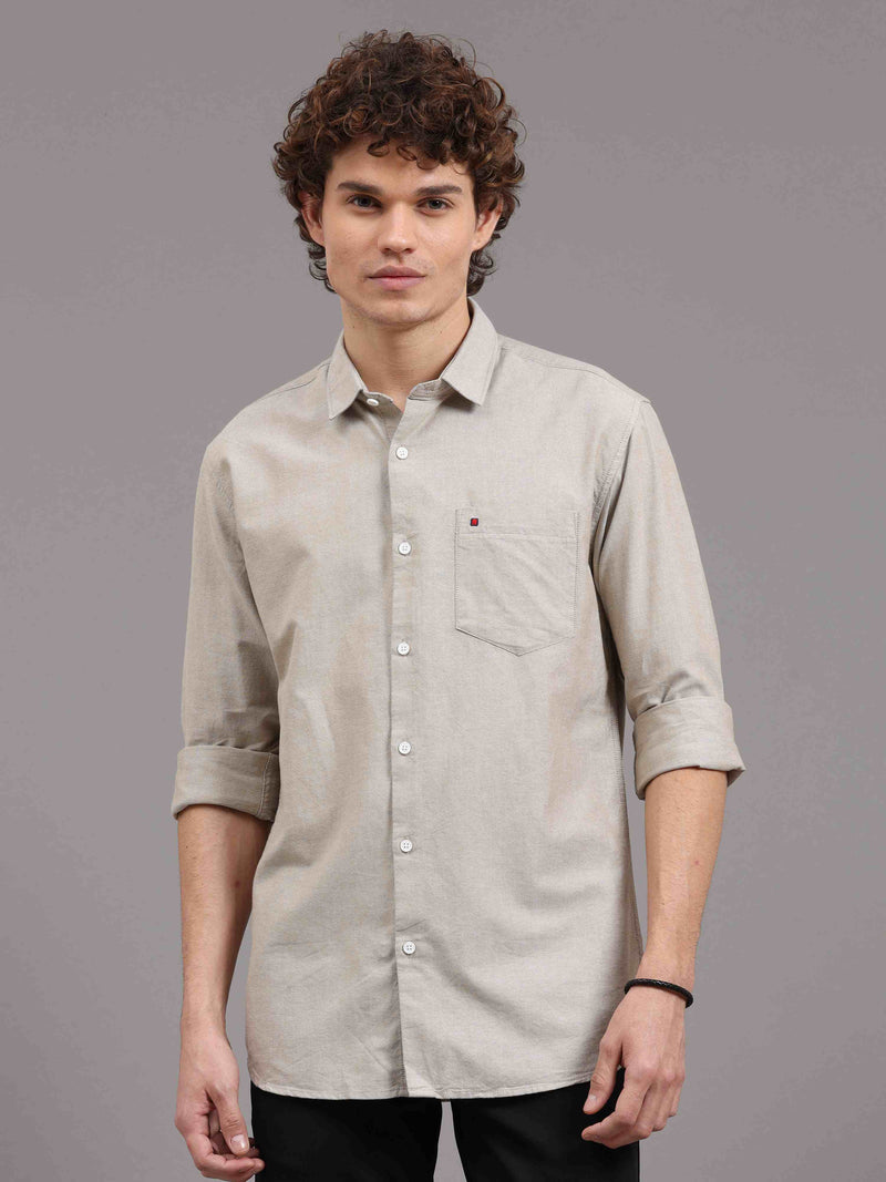 Shop Men's Khaki Slim Fit Solid Oxford Full Sleeves Casual Shirts Online.