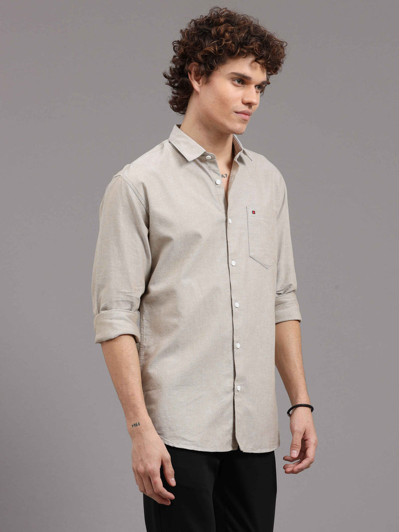 Shop Men's Khaki Slim Fit Solid Oxford Full Sleeves Casual Shirts Online.