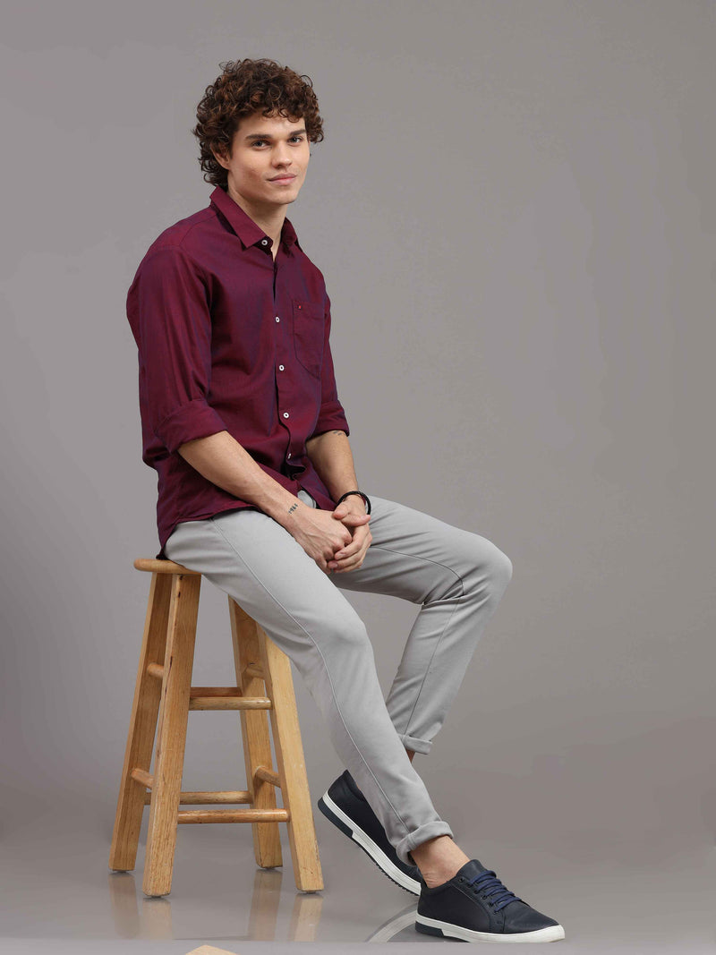 Shop Men's Burgundy Slim Fit Solid Full Sleeves Casual Shirts Online.