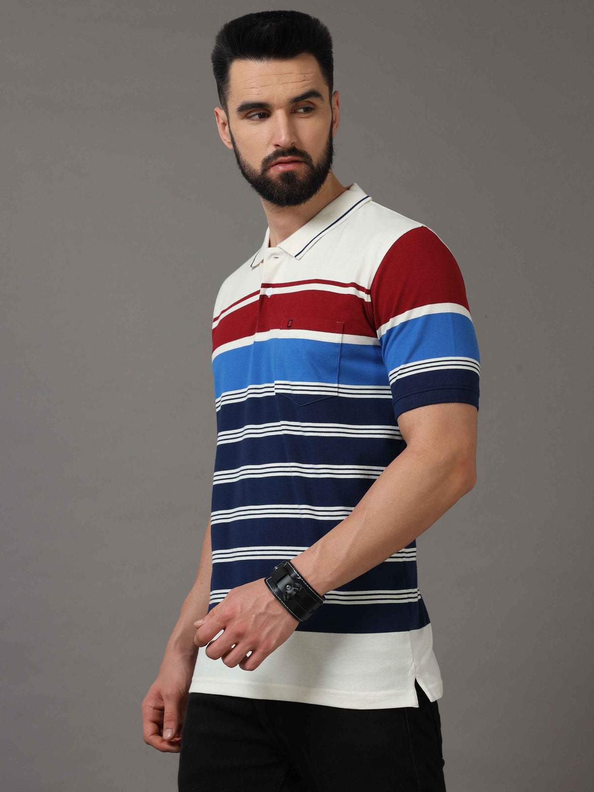 Shop Men's Blue Regular Fit Stripes Half Sleeves Polo T-Shirt Online.