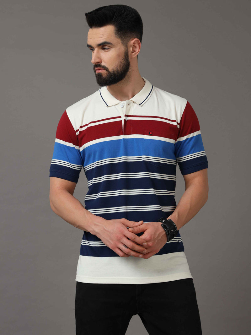 Shop Men's Blue Regular Fit Stripes Half Sleeves Polo T-Shirt Online.