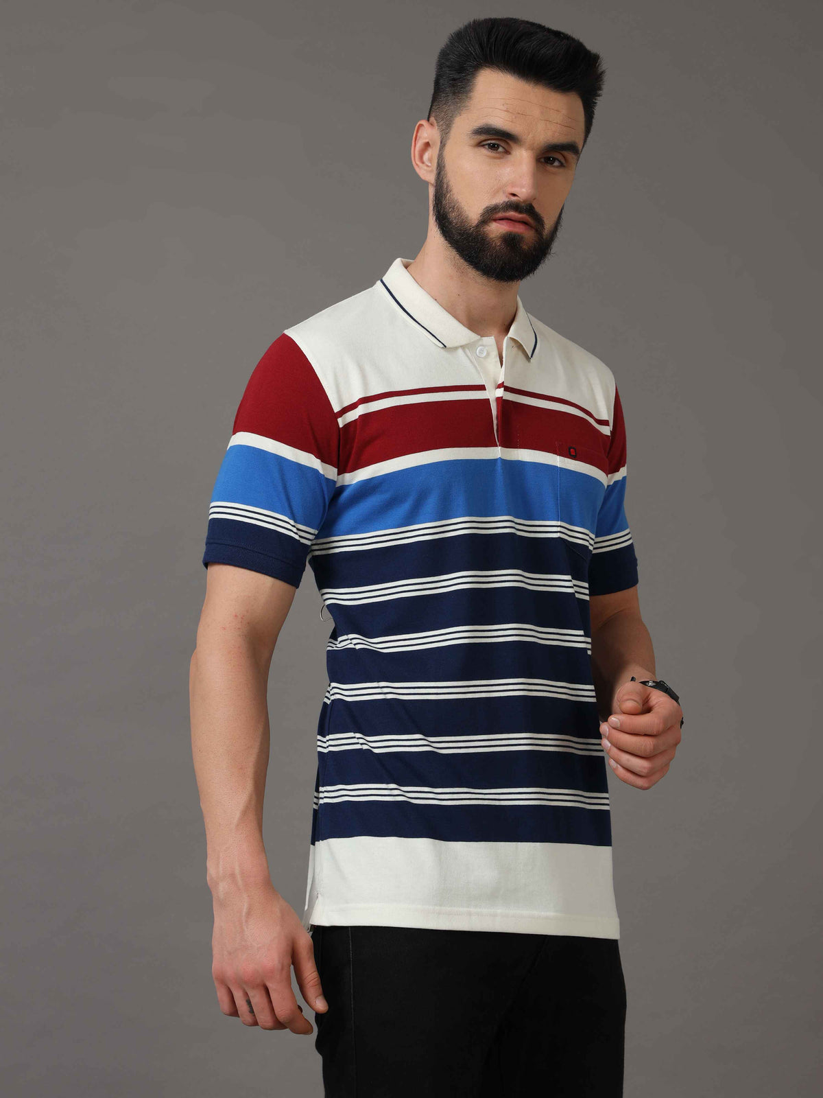 Shop Men's Blue Regular Fit Stripes Half Sleeves Polo T-Shirt Online.