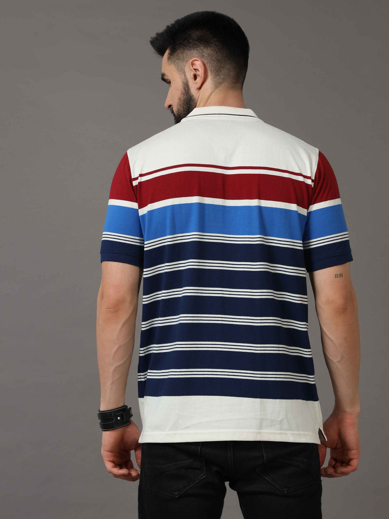 Shop Men's Blue Regular Fit Stripes Half Sleeves Polo T-Shirt Online.