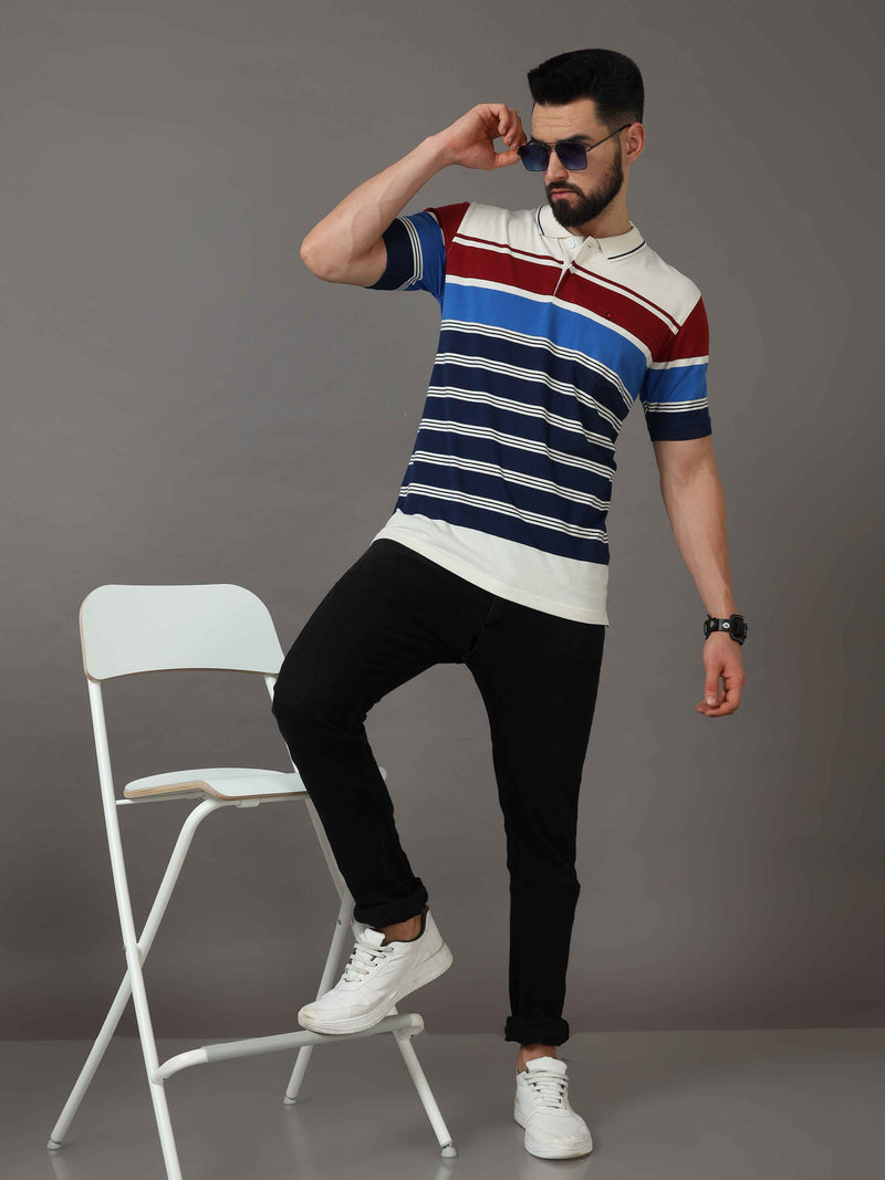 Shop Men's Blue Regular Fit Stripes Half Sleeves Polo T-Shirt Online.