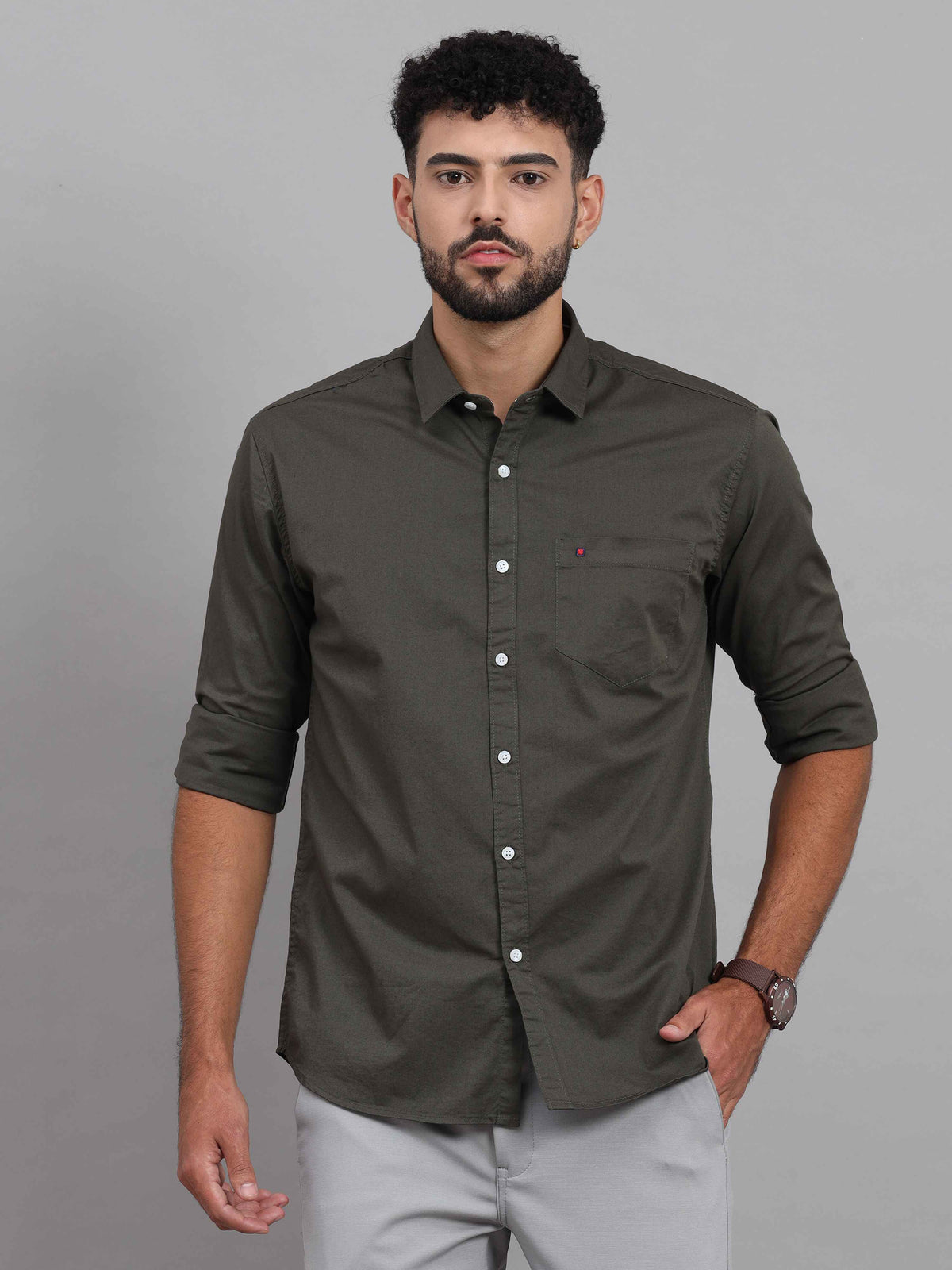 Men's Pebble Grey Slim Fit Solid Full Sleeves Casual Shirts